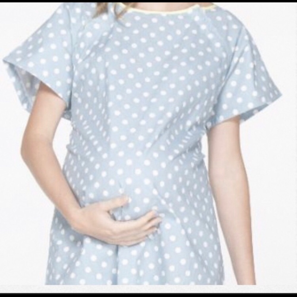 Blue polka dot hospital gown